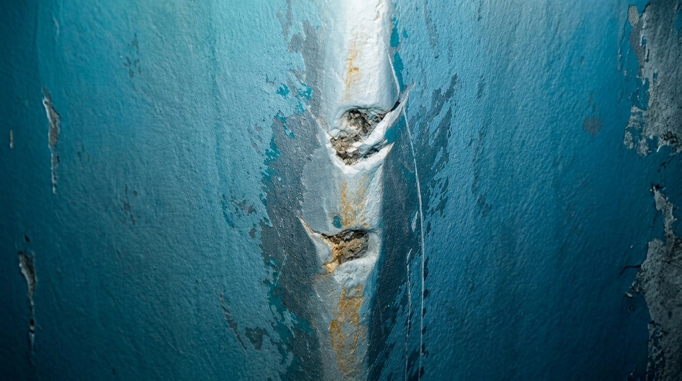 Primer plano de un golpe profundo y raspón en el casco de fibra de vidrio de una embarcación antes de reparar un casco de fibra de una embarcación utilizando gel coat.