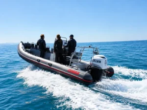 Embarcación semirrígida Cobra navegando en mar abierto con motor fueraborda Selva y tripulación a bordo