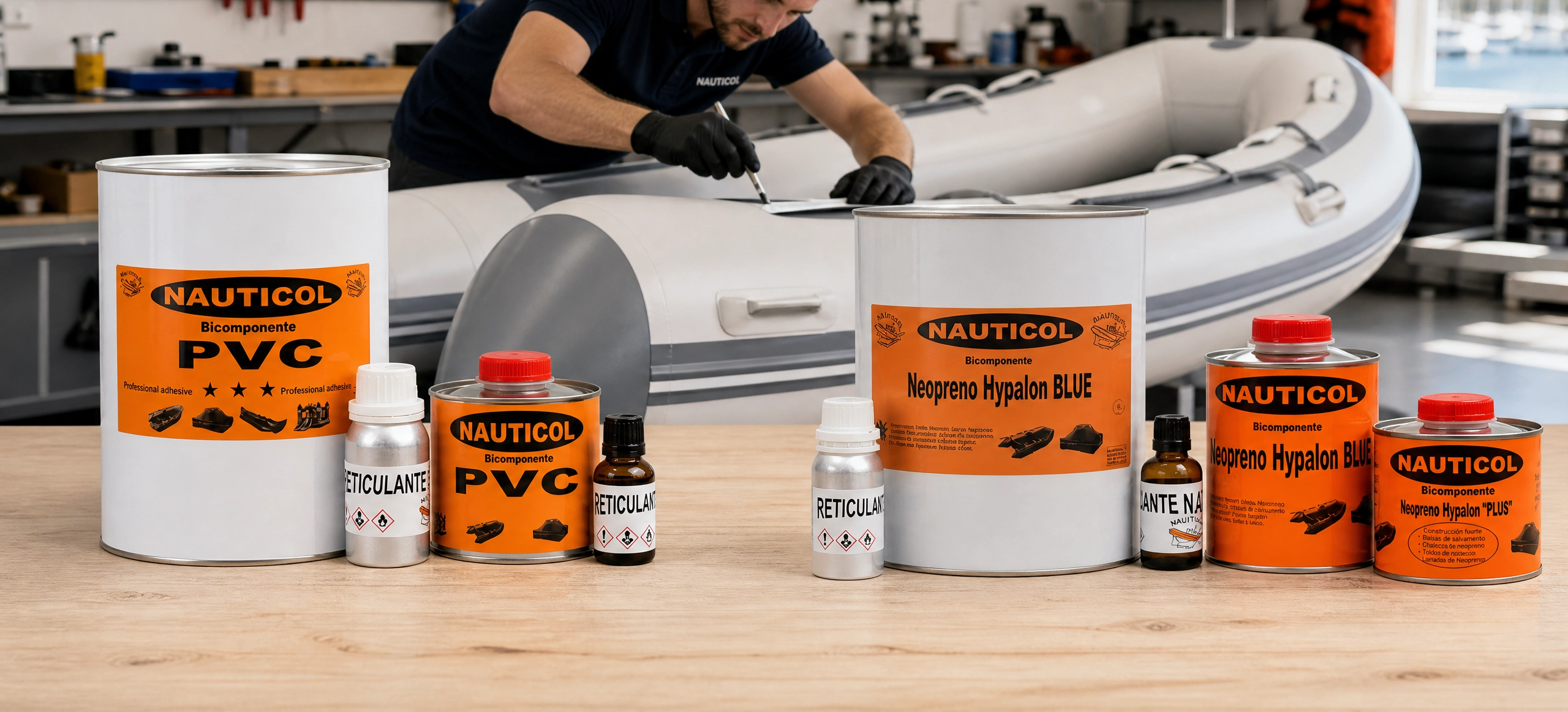 Kit de reparación con adhesivo náutico Nauticol para el mantenimiento y pegado de flotadores de PVC y Neopreno Hypalon.
