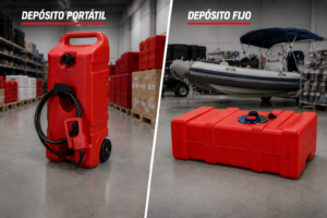Imagen comparativa que mustra a la izquierda un depósito de combustible náutico portátil con ruedas y a la derecha un depósito de combustible náutico fijo horizontal.