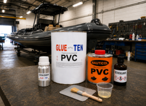 Pegamento PVC bicomponente de las marcas Nauticol y glue Ten para reparación de neumáticas.