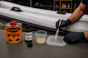 Aplicación de pegamento PVC bicomponente Nauticol con pincel sobre un parche de reparación para lancha neumática.
