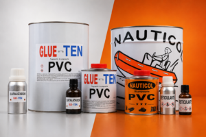 Marcas profesionales de pegamento PVC bicomponente Nauticol y Glue Ten con sus respectivos reticulantes.