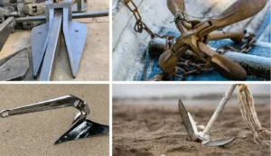 Diferentes tipos de anclas para embarcaciones, con modelos de pala y rezón para distintos fondos marinos.