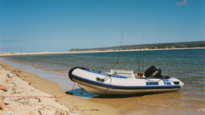 Motor para semirrírrigida de pesca con motor yamaha y cañas de pescar junto a la playa.