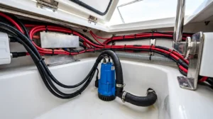 Bomba de achique para barco instalada en la sentina con manguera de descarga y conexiones eléctricas.